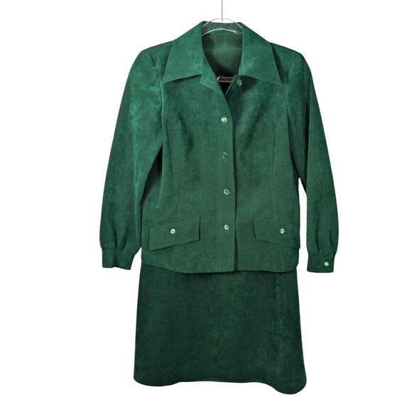 VIntage 70's Abe Schrader Faux Suede Green Shirt Skirt Set Retro Mod See Sizing - Picture 1 of 15